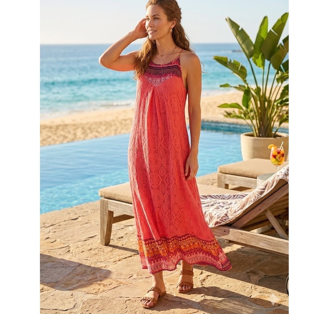 Maurices Coral Pink Lace Boho Maxi Dress XL Geometric Print Sleeveless Halter
